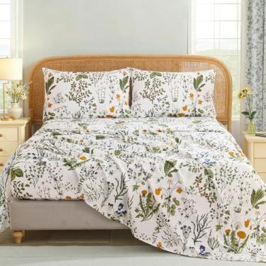Imagem de Cozaline Jogo de cama Queen 100% algodão – Jogo de cama floral verde vintage de 4 peças, tecido percal respirável macio, lençol com elástico alto 44,5 cm, sensação fresca, elegância botânica refinada