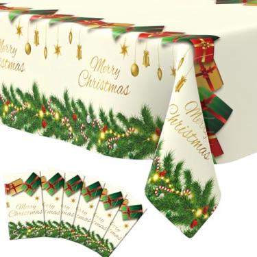 Imagem de 6 peças de toalhas de mesa de plástico de Natal (137 x 272 cm) retangulares descartáveis brancas e verdes para festas de Natal, lembrancinhas, suprimentos para decoração de jantar