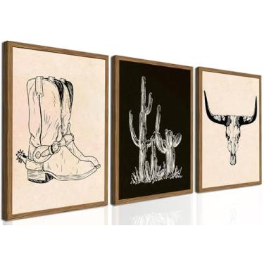 Imagem de Conjunto de 3 arte vintage de parede ocidental, pinturas decorativas de parede de caubói do sudoeste, impressões em tela de caveira de touro longo preto e branco para quarto sala de estar 40,6 x 61 cm