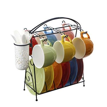 Imagem de CUTPOIY Conjunto de chá de café de cerâmica colorido arco-íris, xícara de chá, pires e colher de chá, com suporte para pequenas canecas de café