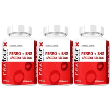 Imagem de 3x Ferro B12 Acido folico 500mg 60 caps NewFour-Unissex