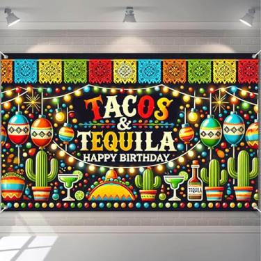 Imagem de HOMETITUTE Faixa de Feliz Aniversário Tema Tacos e Tequila com Balões Coloridos, Copos Margarita e Decorações de Cacto para Festa Mexicana Festa de Aniversário Cenário Interior e Externo 180 x 109 cm