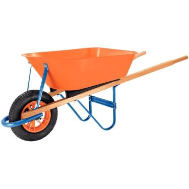 Imagem de Carrinho Mão Com Caçamba Funda Plástica Laranja 55 L Braço Madeira Pneu Com Câma