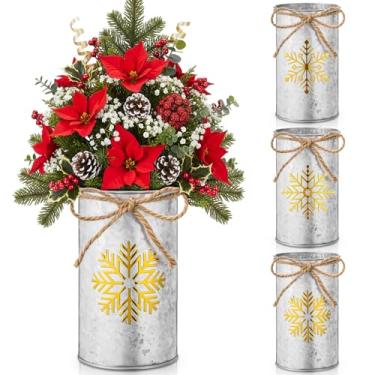 Imagem de Domensi 12 peças de mesa de Natal, centro de mesa, flocos de neve, vasos de metal galvanizado, para flores, potes dourados, suporte de utensílios para decoração de inverno, Natal, cozinha, casa