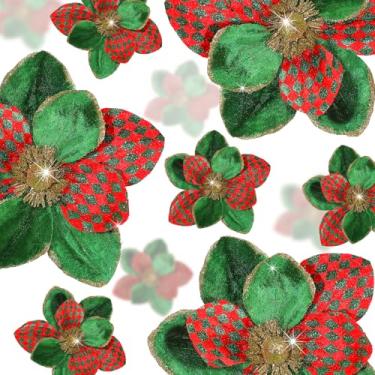 Imagem de Norme 15 peças de flores de poinsétia de veludo de Natal em 3 tamanhos, flor de magnólia artificial com glitter, enfeite de árvore de Natal com haste para decoração de casamento (vermelho verde)