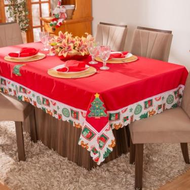 Imagem de Toalha de Mesa Retangular para 8 Lugares Avulsa Bordada Natalina 2,50m x 1,50m - Decoração Natal Festas Fim de Ano (Arvore Natal Vermelho)