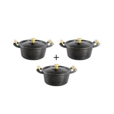 Imagem de Jogo Panelas Caçarolas Reta Craqueada Alça Madeira 24 a 28cm