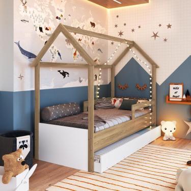 Imagem de Cama Infantil Montessoriana Bicama Casinha Solteiro Menino Menina Proteção Lateral E Cama Auxiliar Aveiro Oak Com Branco