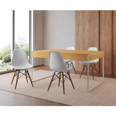 Imagem de Mesa Jantar Industrial Retangular Filadélfia Canela 137X90Cm Base Ferro Branco Com 4 Cadeiras Branca
