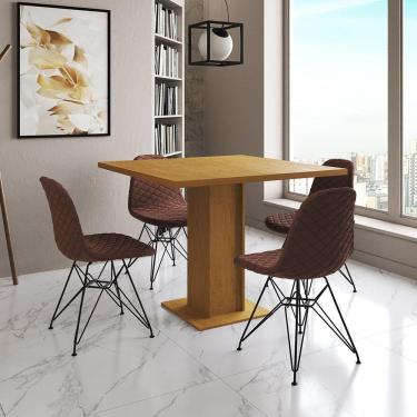 Imagem de Mesa Jantar Londres Quadrada Canela 90Cm 4 Cadeiras Eames Estofadas Caramelo Ferro Preto