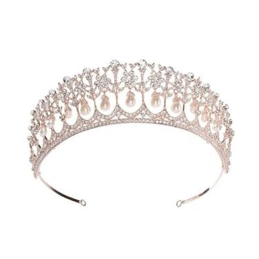 Imagem de Janefashions Tiara de cabelo com strass de cristal austríaco princesa pérola coroa casamento formatura festa de aniversário nupcial T11895 (tom ouro rosa)