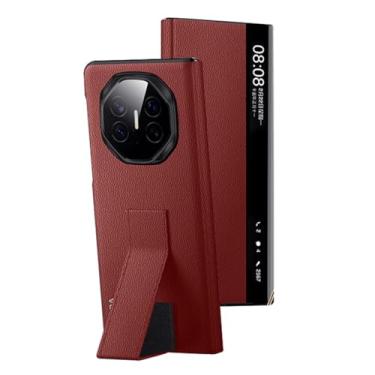 Imagem de HAOMRIYL Capa de couro real para Huawei Mate Xts, capa de telefone dobrável com janela lateral inteligente, alça de pulso dobrável, suporte fólio, capa à prova de choque, vermelha, Mate XTs