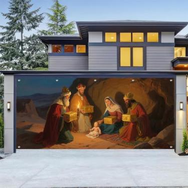 Imagem de HOMETITUTE 4 x 1,8 m Três Homens Sábios Presépio Garagem Porta Banner Bebê Jesus Maria Poliéster Grande Decoração de Natal para Festa de Feriado Inverno Quintal Casa Escola Igreja Exibição Comunitária