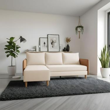 Imagem de Sofá Living Roma Com Chaise 3 Lugares 1,90m Linho Bege Com Braço Corino Caramelo