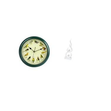 Imagem de Fenteer Relógio de Parede com Som de Pássaros Musicais, Estátua de Fogo Abstrata, Estatueta de Resina com Chamas, Relógio Decorativo com Moldura Verde para Qu