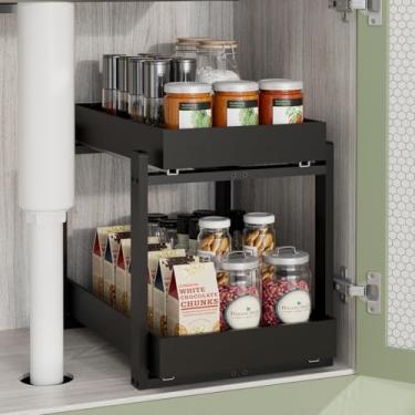 Imagem de APRTAT Pacote com 2 organizadores embaixo da pia, armazenamento removível de madeira de bambu com gavetas deslizantes para armários de cozinha e banheiro, fácil instalação (preto, 1 pacote)