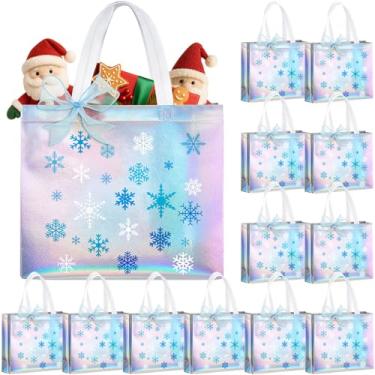 Imagem de Henoyso Sacos de presente iridescentes brilhantes reutilizáveis de Natal com alça Pacotes de Natal não tecidos para embrulhar presentes de Natal, 32 x 27 x 9,9 cm (12, floco de neve)