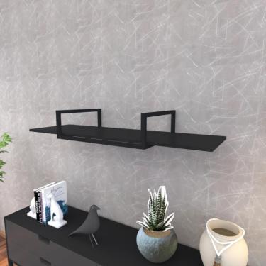 Imagem de Prateleira Industrial Suspensa Estante Parede Nicho Preto Ferro E Madeira Suporte Pratileira