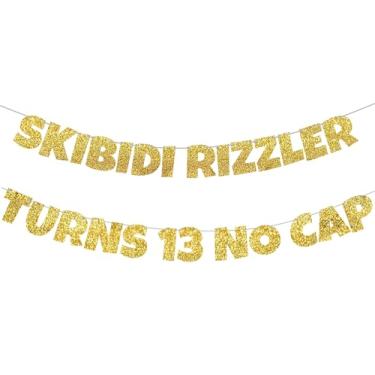 Imagem de Skibidi Rizzler Turns 13 Banner No Cap - Decorações pré-amarradas de aniversário de 13 anos, faixa de festa com glitter para decorações de meninas e meninos de 13 anos, artigos de festa de meme
