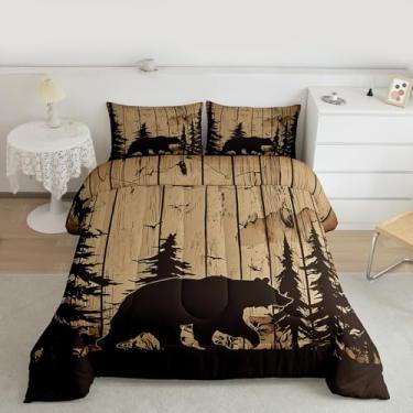 Imagem de Erosebridal Conjunto de cama rústico, casal, casa de fazenda, urso, vintage, marrom, madeira, pinheiro, estampa de silhueta, animal, decoração de quarto