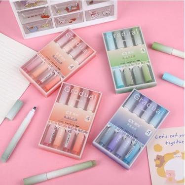 Imagem de Kit com 4 Canetas Marca Texto Pastel – Cores Suaves e Gradientes – Papelaria Criativa, Ideal para Bullet Journal, Estudo, Planner, Agenda e Presentes Fofos (Rosa)