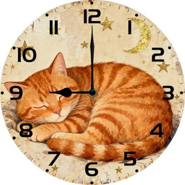 Imagem de Dlonvoh Relógio vintage gato dormindo relógios de parede de madeira sem moldura, operado por bateria, quartzo silencioso, rústico, casa de fazenda, redondo, decorativo, bonito relógio para casa, sala