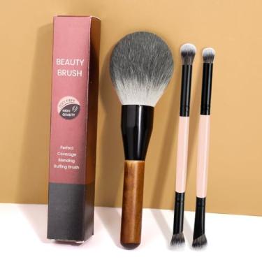 Imagem de Conjunto de pincéis de maquiagem de 3 peças, adequado para blush e sombra. Os pincéis de maquiagem multifuncionais são adequados para realçar e contornar (rosa)