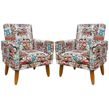 Imagem de Kit 2 Poltronas Decorativa Infantil Confortável Para Quarto Suede Com Estampa Pés Castanhos