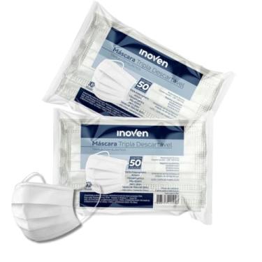 Imagem de Máscara Descartável Facial Tripla Camada de Proteção Filtro Branca - 100 Unidades (2 pacotes com 50 unidades)