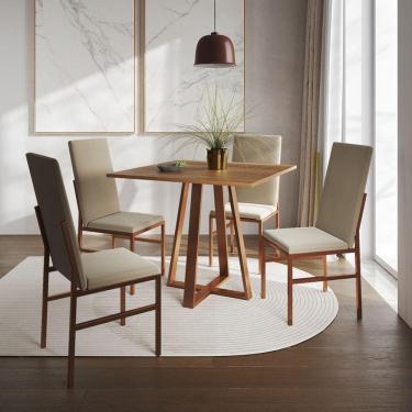 Imagem de Conjunto De Jantar Mesa Mônaco Premium 90cm Imbuia Com 4 Cadeiras Estofadas Bege Base Cobre Preto