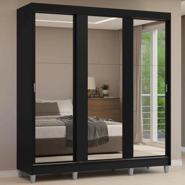 Imagem de Guarda-roupa Casal Com Pés 3 Portas De Correr De Espelho Preto Reno Madesa