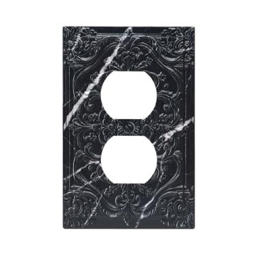 Imagem de Sghxwp Capas decorativas de mármore preto 3D floral em relevo 1 placa de cobertura para interruptor de luz duplex placa de parede exclusiva para decoração de quarto e casa