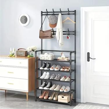 Imagem de Rack de armazenamento de entrada multifuncional preto, suporte para roupas e chapéus com ganchos, armário de sapatos e porta-bolsas - perfeito para entradas de casa, lobbies ou quartos - estrutura de