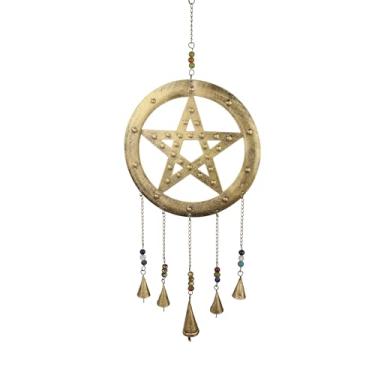 Imagem de Trrystals Estrela de ferro feita à mão para pendurar com sinos – Decoração rústica de parede e jardim vintage de 68 cm com sinos e contas em cone (dourado, 68,5 cm 24 cm)