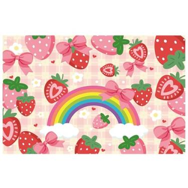 Imagem de Decoração de aniversário de faixa de morango rosa, 179,8 x 110 cm com tema de arco-íris e fundo de faixa de feliz aniversário, perfeito para artigos de festa de aniversário de bebês e crianças