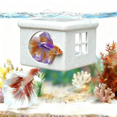Imagem de Esconderijo flutuante cinza mármore para peixes Betta com janela – Caixa de reprodução 3D e caverna de descanso – Rede Betta flutuante, plataforma de alimentação e acessórios de aquário para nano