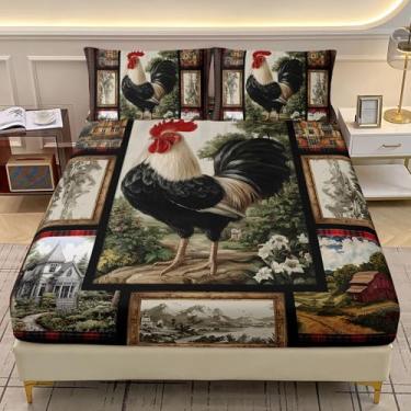 Imagem de AILONEN Jogo de lençol solteiro com elástico, galo xadrez rústico, animal de fazenda, para decoração de quarto, 3 peças, lençol com elástico e 2 fronhas