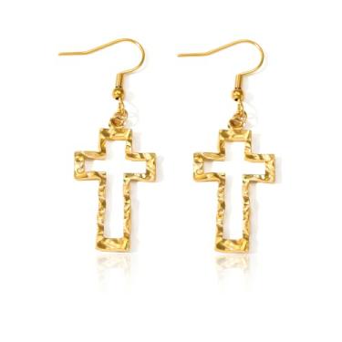 Imagem de Brincos femininos banhados a ouro 14K com cruz martelada fosca, Moderate type, Metal, Sem pedra preciosa