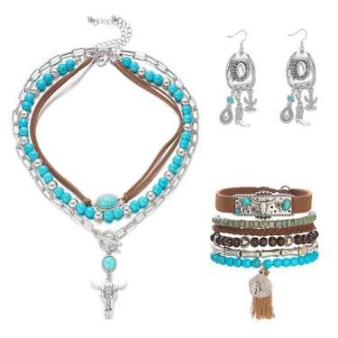 Imagem de RINHOO FRIENDSHIP Conjunto de 3 peças de joias Western Cowgirl para mulheres boho colar turquesa pulseira de couro falso brincos pendentes acessórios boêmios ajustáveis, Medium, Metal, Sem Pedra