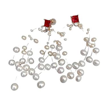 Imagem de Brincos de arroz branco cultivado ilusão pérola vermelha CZ estilo luxuoso para mulheres