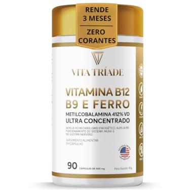 Imagem de Vitamina b12 Metilcobalamina 412% 9,9mcg + Acido Fólico 150% + ferro 100% - 90 Cáps - Vita Tríade