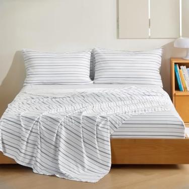 Imagem de MCO Conjunto de lençóis listrados de 4 peças, Queen respirável com bolso profundo de 41 cm, moderno e luxuoso, conjunto de cama de microfibra escovada (Queen, branco)