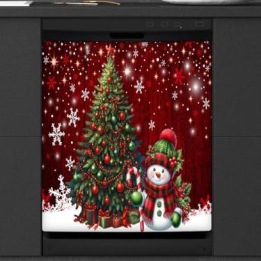 Imagem de Árvore de Natal, boneco de neve, capa de ímã de lava-louças, capas magnéticas para decoração de lava-louças, capa magnética para porta de geladeira, decalque de geladeira para cozinha