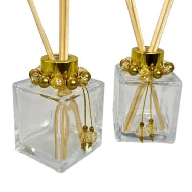 Imagem de Kit 4 Frascos de Vidro Cubo 100ml para Difusor de Ambiente Luxo com Pingentes Decorativos e 16 Varetas – Tampas Douradas, Prata, Rose ou Preto(DOURADO)