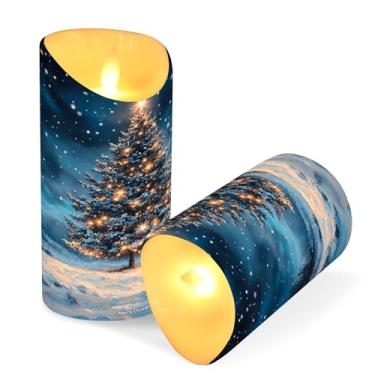 Imagem de Blueangle Pacote com 2 velas de árvore de Natal de flocos de neve sem chamas com controle remoto e temporizador, velas LED cintilantes (7,6 cm x 15 cm) para decoração de casa, casamento, acampamento