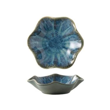 Imagem de prato de lanche Bandejas de cerâmica para imersão para decoração mesa, utensílios cozinha para casa tigela de sopa(Retro Blue)