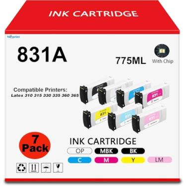 Imagem de Cartucho de tinta de substituição 831 831A para impressora HP 831A para impressora de látex 310 315 330 335 360 365 370 570 pacote com 7 tintas de látex 831A 775ml CZ682A CZ683A CZ684A CZ685A CZ686A