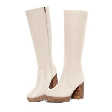 Imagem de Coutgo Botas femininas plataforma até o joelho salto bloco grosso bico quadrado botas altas com zíper lateral outono sapatos sociais, Camurça bege, 41