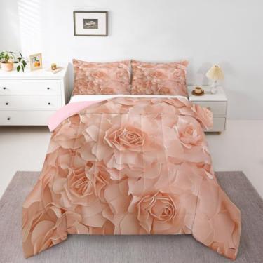 Imagem de Erosebridal Conjunto de edredom casal rosa | Conjunto de cama romântico para meninas, dia dos namorados, vintage, rosa, floral, edredom macio, quente, 3 peças com 2 fronhas