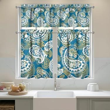 Imagem de sgqjdpmc Conjunto de 3 cortinas e sanefas de cozinha Paisley para decoração de cozinha, janelas sobre a pia, cortinas de arte de fazenda, 70 x 91 cm